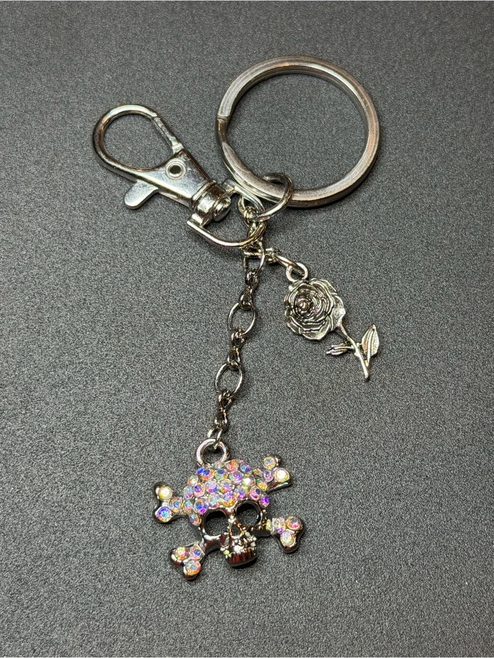 Silver Iridescent Crystal Skull & Rose Bag Charm/Keychain - Handmade